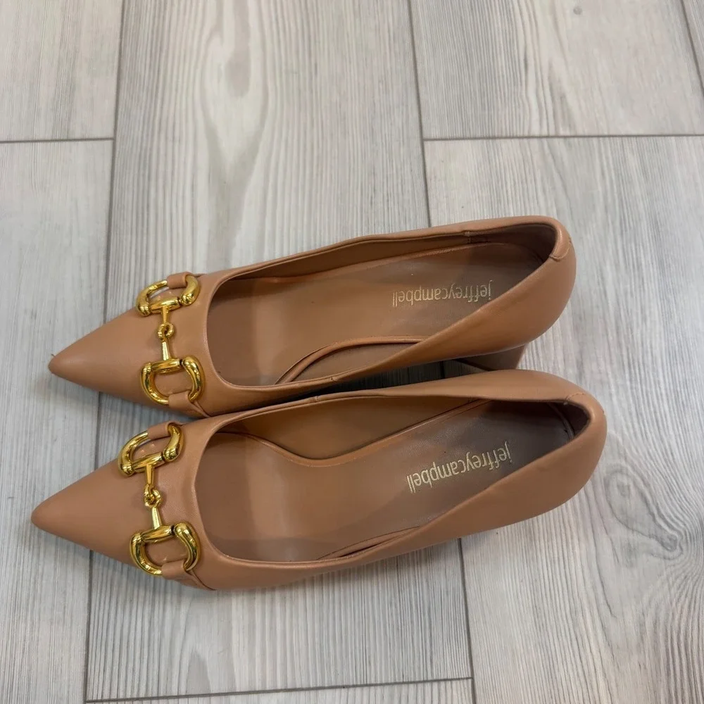 Jeffrey Campbell Tan Leather Pointed Toe Horsebit Block Heel Pumps Womens 7.5